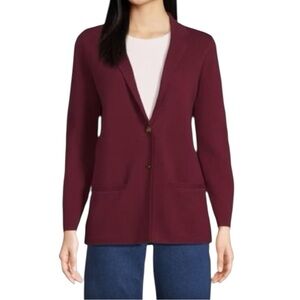 LANDS END Fine Guage Cotton Sweater Blazer Size Small‎ Burgundy Buttons Pockets